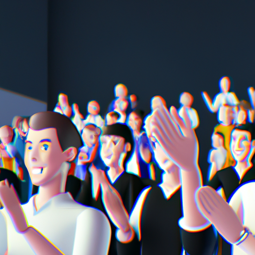 תמונה של קבוצה גדולה של אנשים, מחייכים ומוחאים כפיים באירוע חברה מצליח.